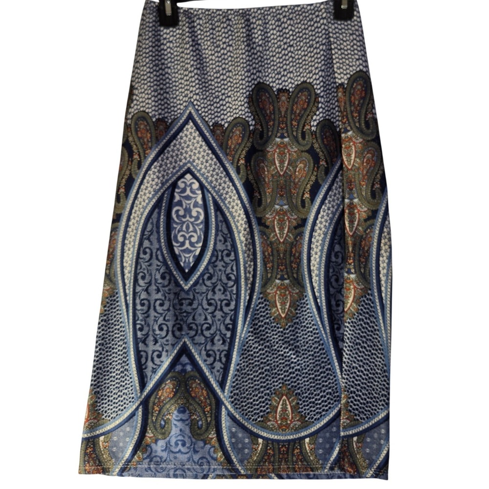 NY Invasion Women Blue Paisley Honeycomb Print Midi Skirt Medium Made in USA